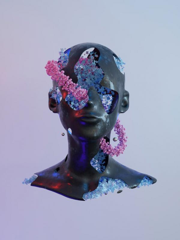 imagem ilustrativa de escultura futurista, metade mulher metade bolhas